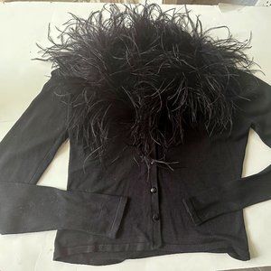 TAHARI Black Silk Cardigan Ostrich Feather Collar  Great for Evening or Costume
